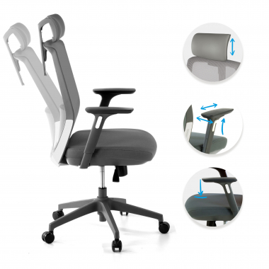 cadeira de escritorio cinza rede com apoio de cabeca malha mesh bracos regulaveis 3d apoio de cabeca 3