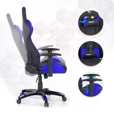 cadeira gaming azul game pro pele sintetica bracos moveis almofada lombar e cervical apoio de cabeca 3
