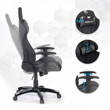 cadeira gaming cinza game pro pele sintetica bracos moveis almofada lombar e cervical apoio de cabeca 3