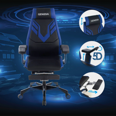 cadeira gaming azul genidia pele verdadeira bracos regulaveis 5d apoio lombar apoio de pes extensivel 3