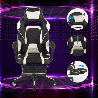 cadeira gaming branco logan pele sintetica bracos moveis almofada lombar e cervical apoio de cabeca apoio de pes extensivel 3