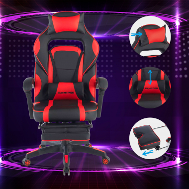 cadeira gaming vermelho logan pele sintetica bracos moveis almofada lombar e cervical apoio de cabeca apoio de pes extensivel 3