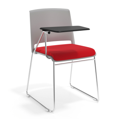cadeira com palmatoria cinzento vermelho com pala de escrita estofada tecido sem bracos 1