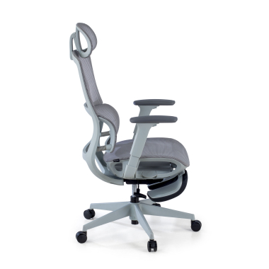 cadeira ergonomica cinza com reposapes malha mesh bracos regulaveis 3d apoio lombar duplo apoio de cabeca apoio de pes extensivel 4