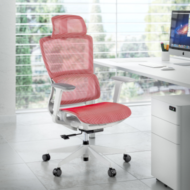 cadeira ergonomica branco vermelho estrutura branca malha mesh bracos regulaveis 3d apoio lombar duplo apoio de cabeca 2